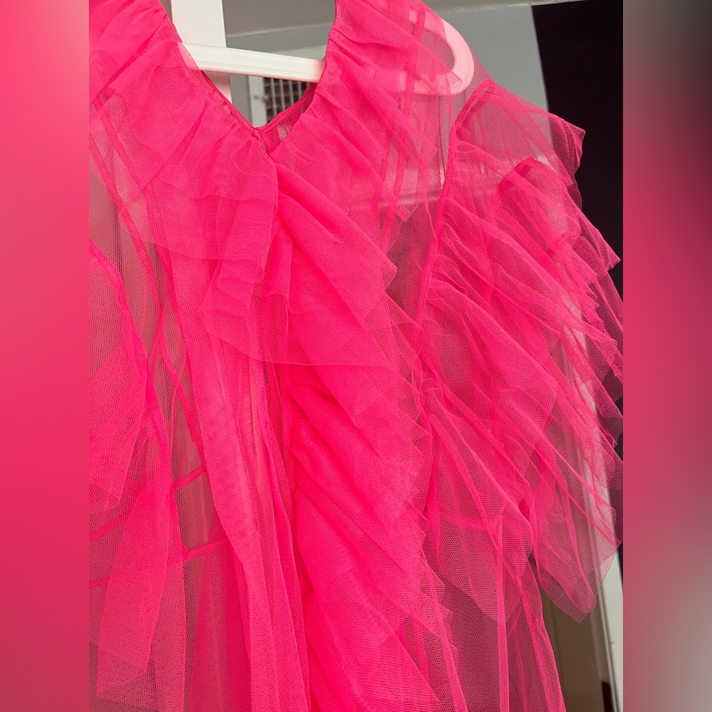 By Noumi Neon Pink Tulle Ruffle Dress Cover Up - Picture 2 of 4